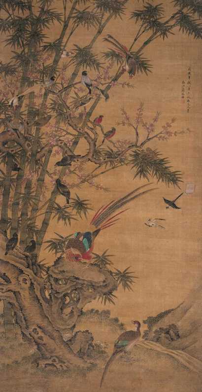 蒋廷锡（款） 戊辰（1688年）作 桃竹珍禽 立轴